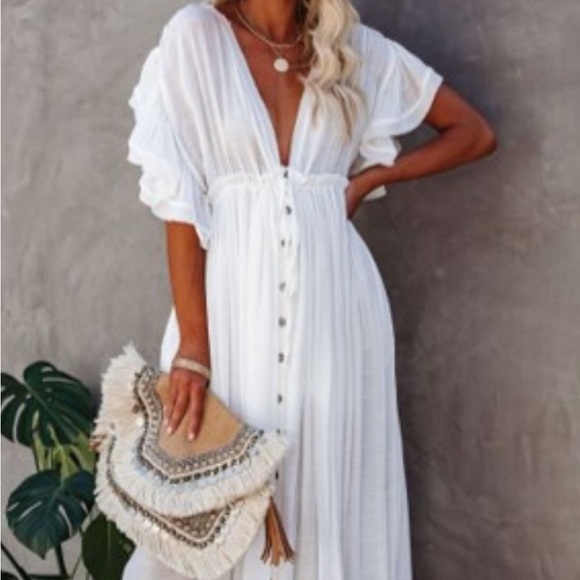 White Sands Gauze Boho Button Flutter Maxi Butterfly Arms Dress/ Coverup - Picture 4 of 14